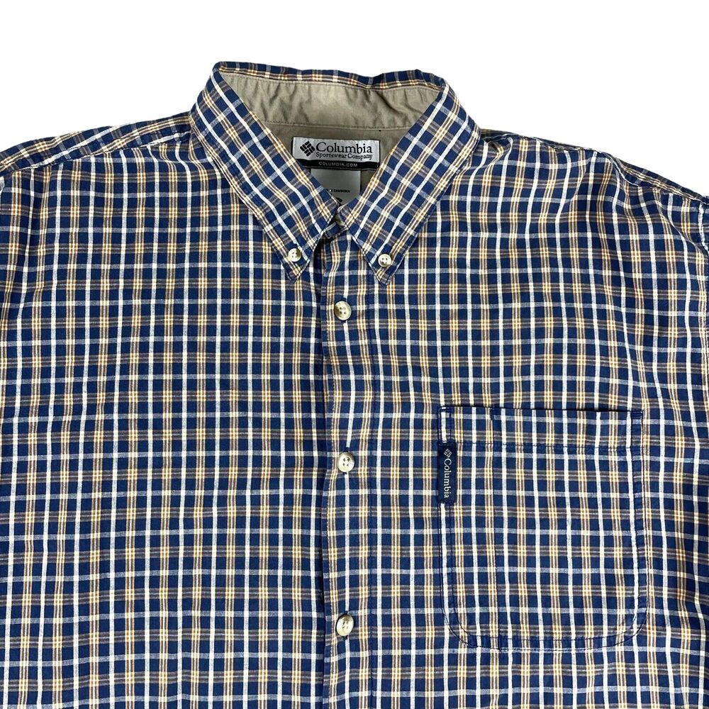 Columbia Shirt Mens Large Brown Blue Plaid Button Down Long Sleeve Collar Preppy